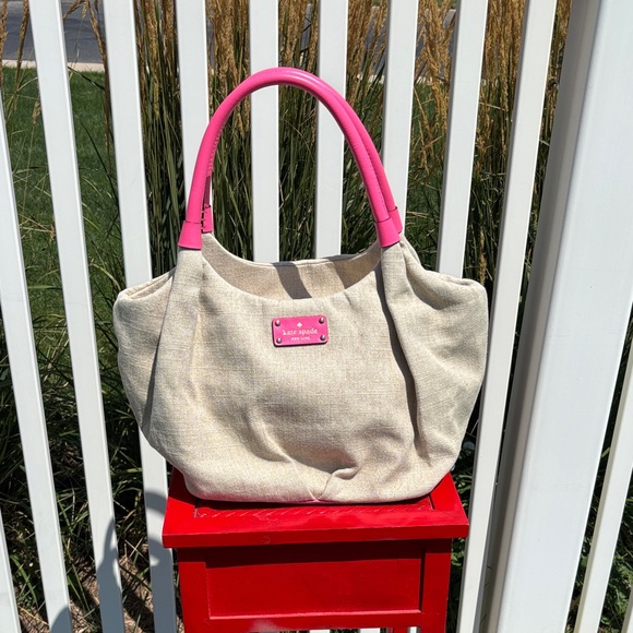 kate spade Handbags - Kate Spade Linen and Hot Pink Satchel, 16” x 9” x 7”, Clean